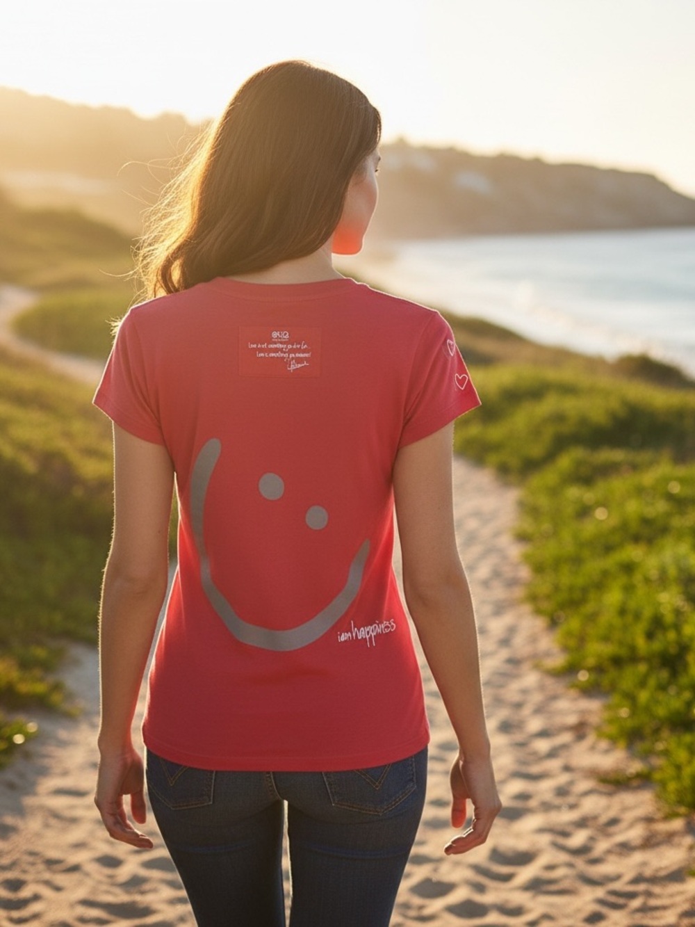 Peace Love World red HAPPY smiley face fitted V neck t-shirt NWOT S - Picture 2 of 9